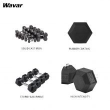 Anpassade gjutjärns hexagonala gummi hantlar med ergonomiskt utformade icke-halkgrepp, slitstark gummiomslag, anpassad hexagonal hanteluppsättning.